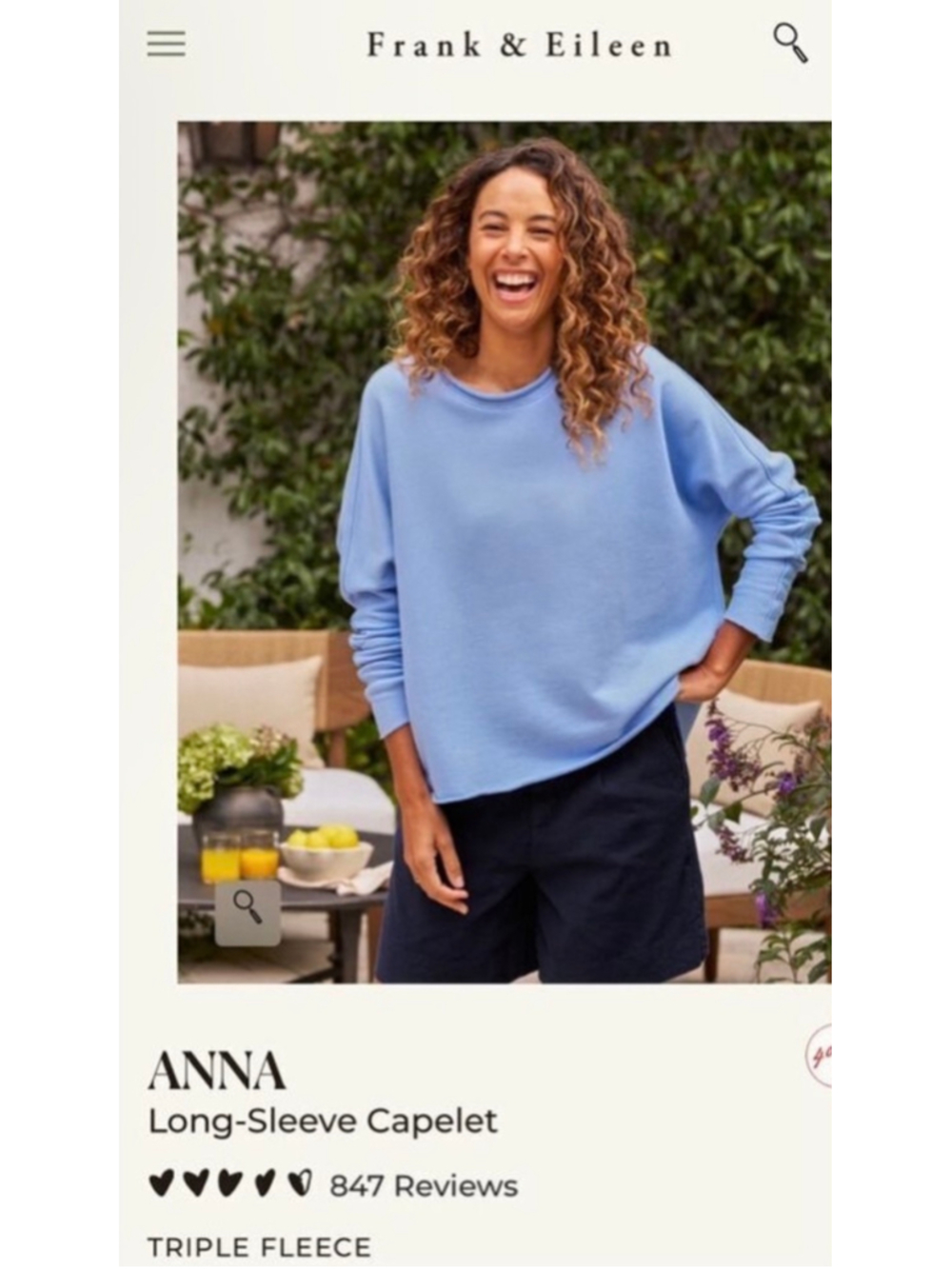 Frank & Eileen Anna Long-Sleeve Capelet Sweatshirt Light Blue L New!